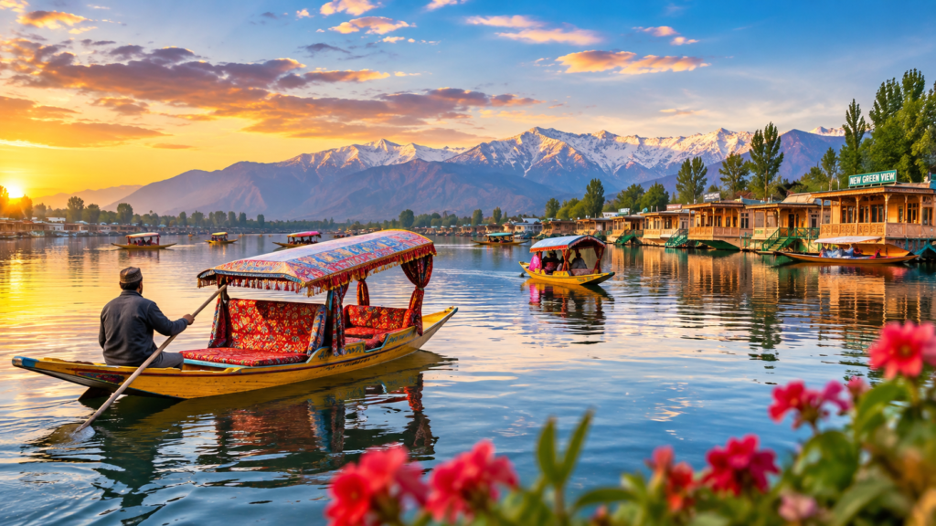 Shikara boat with a canopy seat being rowed on Dal Lake at sunset, houseboats lining the shore